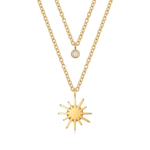 Dainty 316L Stainless Steel Layered Necklace for Women, Cubic Zirconia Layered Double Pendant Chain Necklace Jewelry Trendy - color: 18KPG