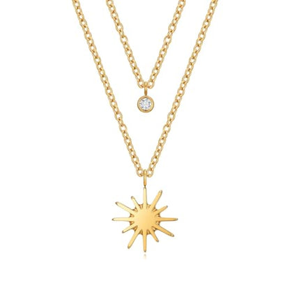 Dainty 316L Stainless Steel Layered Necklace for Women, Cubic Zirconia Layered Double Pendant Chain Necklace Jewelry Trendy - color: 18KPG