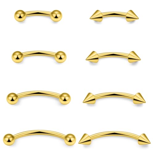Eyebrow Piercing Jewelry Surgical Steel Vertical Labret Lip Jewelry Curved Barbell Tiny Eyebrow Ring Ear Rook Navel Small Belly Button Ring for Women Men 16g Bar Length 6mm/8mm/10mm/12mm - color: goldtone,ball+spike