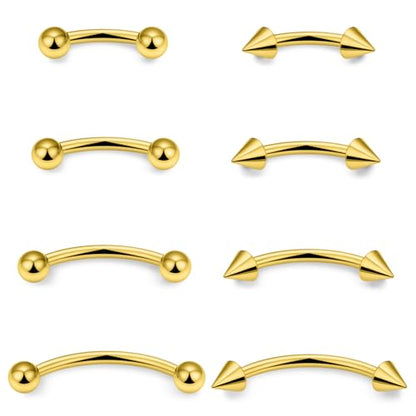 Eyebrow Piercing Jewelry Surgical Steel Vertical Labret Lip Jewelry Curved Barbell Tiny Eyebrow Ring Ear Rook Navel Small Belly Button Ring for Women Men 16g Bar Length 6mm/8mm/10mm/12mm - color: goldtone,ball+spike