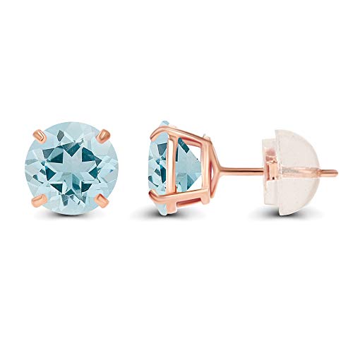 Solid 14K Yellow or White or Rose Gold 6mm Round Genuine Birthstone Gemstone Prong Set Stud Earrings For Women - color: Aquamarine