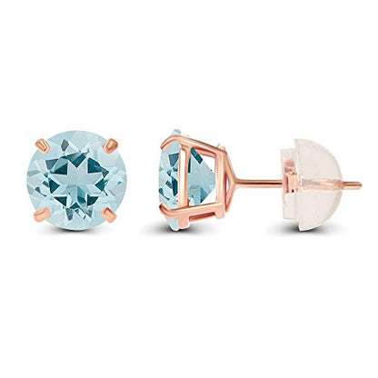 Solid 14K Yellow or White or Rose Gold 6mm Round Genuine Birthstone Gemstone Prong Set Stud Earrings For Women - color: Aquamarine