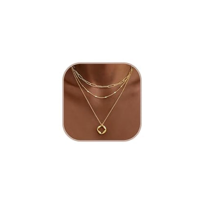 Gold Layered Necklaces for Women, 14K Gold Plated Paperclip Snake Chain Necklace Set, Dainty Coin Cross Tear Pendant Layering Choker Necklaces, Simple Trendy Stackable Jewelry Gifts - color: 3PCS / Twisted Circle & two Chains