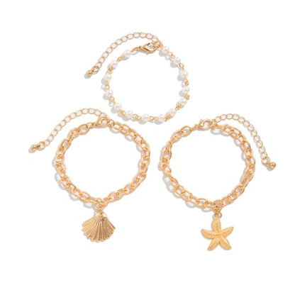 Shell Bracelets for Women Layered Seashell Starfish Bracelets Stackable Stretch Boho Beaded Bracelet Summer Beach Surfer Bracelet Seaside Beach Dress Outfits Accessories - color: B4:gold shell bracelets