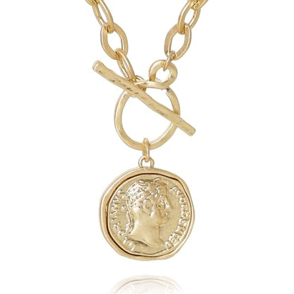 MISS SECRET Chunky Gold Necklaces for Women Coin Statement Necklace Antique Silver and Gold Chain Thick Toggle Pendant Trendy Fashion Jewelry - style: Worn Gold-M
