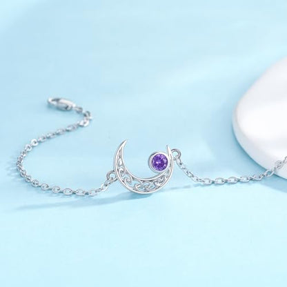 Moon Bracelet for Women 925 Sterling Silver Moonstone/Birthstone Moon Bracelet Butterfly/Dragonfly Bracelet Celtic Moon Butterfly Dragonfly Jewelry Gifts for Women - style: 02 Feb-birthstone