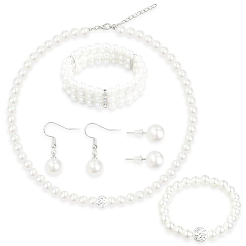 5Pcs Faux Pearl Jewelry Set for Women Adult Pearls Costume Jewelry Simulated Rhinestone Necklace Earrings Bracelet Set for Wedding Mother's Day Bridal Shower Party Accessories