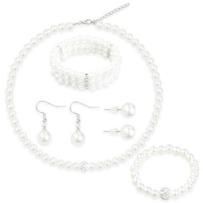 5Pcs Faux Pearl Jewelry Set for Women Adult Pearls Costume Jewelry Simulated Rhinestone Necklace Earrings Bracelet Set for Wedding Mother's Day Bridal Shower Party Accessories