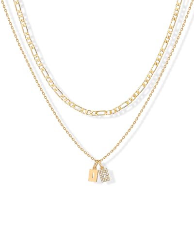 PAVOI Initial Necklace for Women, 14K Gold Plated Double Dog Tag CZ Pendant | Dainty Necklace, Letter Tag Necklace, Cubic Zirconia Pendant, Box Chain Necklace - style: - I