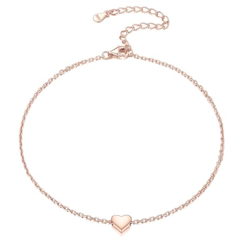 ChicSilver Personalized 925 Sterling Silver Tiny Heart/Moon/Star/Sun/Dot/Triangle Anklets Simple Dainty Foot Jewelry for Women, Silver/Gold Plated/Rose Gold Plated - style: Rose Gold Heart