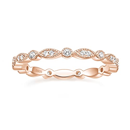 EAMTI 925 Sterling Silver Wedding Band for Women Cubic Zirconia Marquise & Round Milgrain Full Eternity Stackable Ring Size 3-13 - color: Sterling Silver-Rose gold