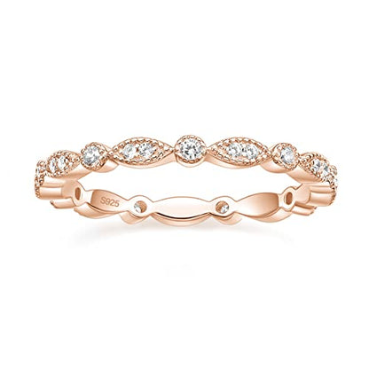 EAMTI 925 Sterling Silver Wedding Band for Women Cubic Zirconia Marquise & Round Milgrain Full Eternity Stackable Ring Size 3-13 - color: Sterling Silver-Rose gold