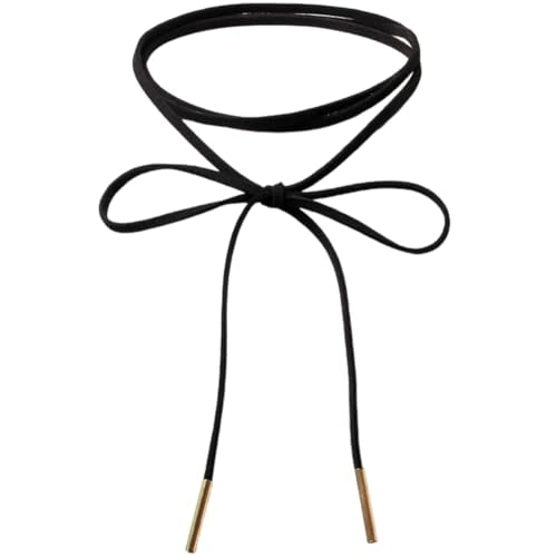 Faux Suede Thin Choker Necklace Gothic Bow knot Collar Chain Black Adjustable PU Leather Cord Necklace Velvet Long Wrap Rope Collar Tie Neck Chain with Gold Tube Ribbon for Women Party Prom