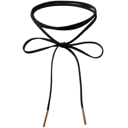 Faux Suede Thin Choker Necklace Gothic Bow knot Collar Chain Black Adjustable PU Leather Cord Necklace Velvet Long Wrap Rope Collar Tie Neck Chain with Gold Tube Ribbon for Women Party Prom