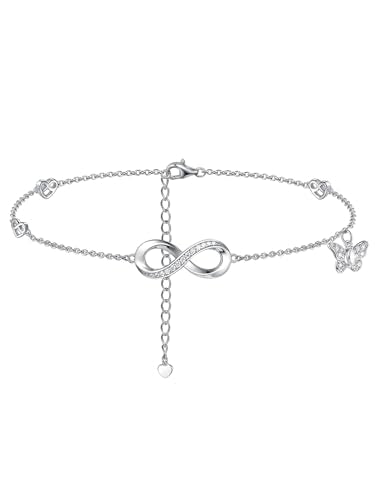 Moissanite Infinity Anklet for Women, Real Authentic 925 Sterling Silver Hypoallergenic, Beautiful Summer Jewelry, Dainty Ankle Bracelet, 8.6-10.6inch (21-26cm) Adjustable - color: Romantic Infinity & Butterfly - White Gold