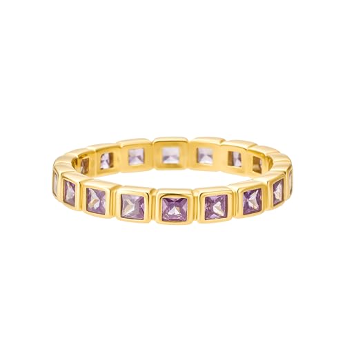 CAITLYNMINIMALIST Minimalist Eternity Bezel Gold Birthstone Ring, Dainty Stacking Gemstone Ring for Her, 18K Gold Plated Summer Jewelry, Personalized Gift for Her - color: Amethyst
