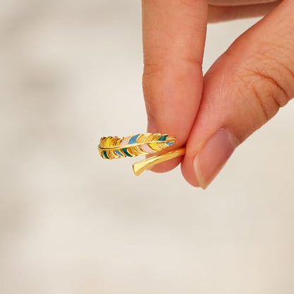 LOVECOM 14k Gold Plated Colorful Enamel Feather Rings for Women 925 Sterling Silver Adjustable Animal Feather Western Wrap Ring Cute Open Finger Thumb Ring Jewelry Birthday Gifts to Daughter