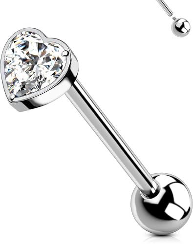 OUFER Titanium Tongue Piercing Jewelry, 14G Internaly Thread Tongue Rings for Women, Clear CZ Heart Shaped Body Piercing Jewelry-16mm