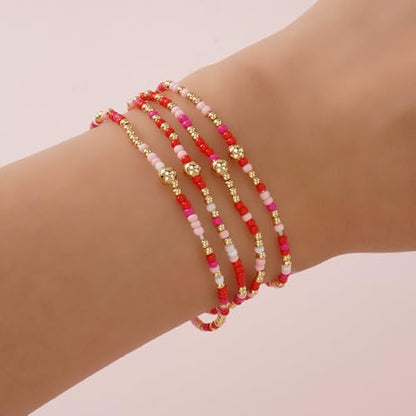 Seed Beaded Stack Bracelets Set for Women,Small Boho 4Pcs Colorful Handmade Dainty Trendy Gold Stretch Accessories Jewelry, Summer Daily Party Friendship Gift - color: Pink Red