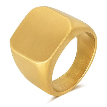 Men's Stainless Steel Square Biker Signet Ring, Black Silver Gold Styles | plain flat top, polished and brushed finish options, chunky profile, pinky or thumb styling, gift-ready for dad or him - color: Gold-Brushed