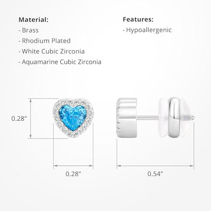 CoBi Halo Stud Earrings for Women, Cubic Zirconia Earrings, Birthstone Heart Earrings Simulated Diamond Valentine's Day - color: Aquamarine