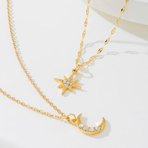 2 Pieces Celestial Layered Necklace Set, Gold-Plated Star and Moon Pendants with Crystal Accents, Dainty Chain