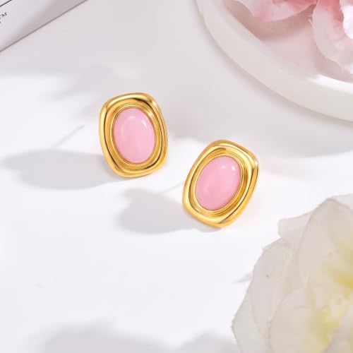 Chunky Gold Stud Earrings for Women 18K Gold Plated Hypoallergenic Chunky Statement Earrings Big Natural Crystal Stone Earring Gift for Women - color: Rose Quartz