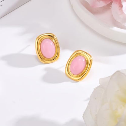 Chunky Gold Stud Earrings for Women 18K Gold Plated Hypoallergenic Chunky Statement Earrings Big Natural Crystal Stone Earring Gift for Women - color: Rose Quartz