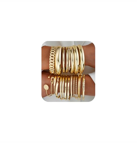 ÌF ME Gold Bangle Bracelets for Women, 19Pcs Multi Stackable Textured Bangles Set, 14K Gold Plated Chunky Bracelet Boho Jewelry Gifts - color: Gold-knot