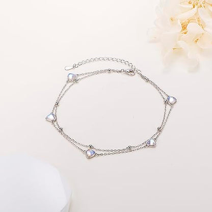 Flyow Anklet for Women S925 Sterling Silver Adjustable Foot Beaded Heart Charm Ankle Bracelet Anklets Jewelry - style: heart moonstone