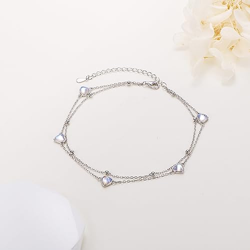 Flyow Anklet for Women S925 Sterling Silver Adjustable Foot Beaded Heart Charm Ankle Bracelet Anklets Jewelry - style: heart moonstone