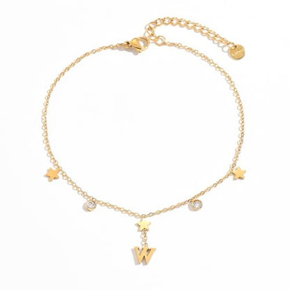 Initial Anklet for Women, 18K Gold Plated Waterproof Ankle Bracelet, Star CZ Letter A-Z Personalized Beach Foot Jewelry - color: W