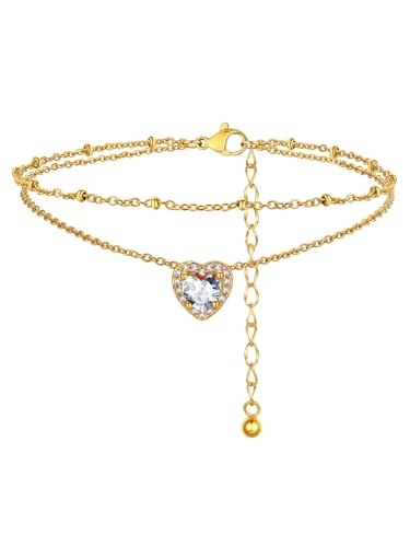 FindChic Bling Heart Birthstone Anklets Layered Beaded Ankle Bracelets for Women Gold/Black/Silver 12 Month Gem Colors Foot Chain Summer Jewelry for Girls, with Gift Box - color: Gold, style: 04. Apr.-Created Diamond
