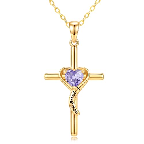 14K Gold Cross Necklace for Women Dainty Birthstone Pendant | Heart I Love You Romantic Jewelry Anniversary Christian Religious Baptism Birthday Gifts with 18"+2" Adjustable Chain - color: 14K Gold-06-Jun Birthstone