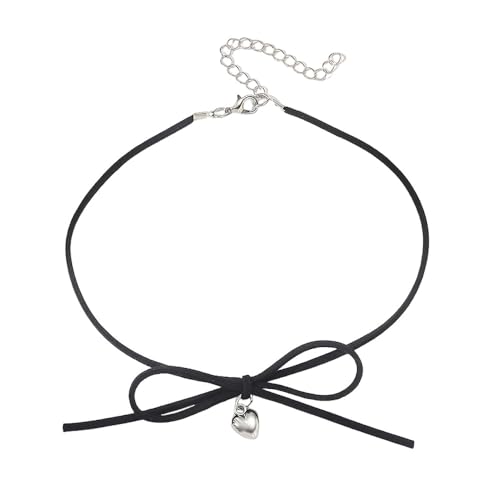Dtja Vintage Heart Bowknot Velvet Choker Necklace for Women Gothic Ribbon Bow Love Charms Adjustable Chain Necklaces Holiday Accessories Christmas Halloween Cosplay Party Jewelry Gift - color: Black