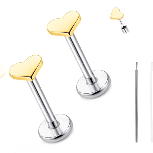limerencia Titanium Threadless Flat Back Earrings Stud Piercing Jewelry | 20G Press Fit Titanium Push Pop in Cartilage Tragus Labret Lip Medusa Conch Piercing Jewelry Hypoallergenic for Women Men - style: Heart Gold