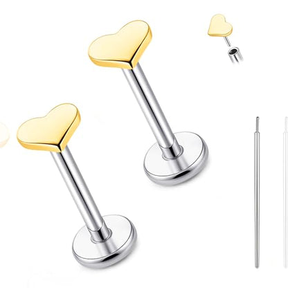 limerencia Titanium Threadless Flat Back Earrings Stud Piercing Jewelry | 20G Press Fit Titanium Push Pop in Cartilage Tragus Labret Lip Medusa Conch Piercing Jewelry Hypoallergenic for Women Men - style: Heart Gold