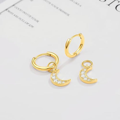 DAILY VIBES Cute Butterfly Star Cross Heart CZ Dangle Earrings for Women | 925 Sterling Silver Post, 14K Gold or Silver Plated, Mini Cubic Zirconia Dainty Drop, Cartilage Small Huggie Hoop Earrings - color: Gold Moon CZ
