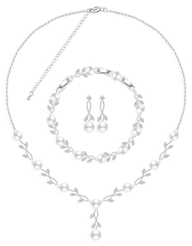 Jewelry Set for Women Bride Bridesmaid Wedding Party Prom Necklace Earrings Bracelet Set Gift for Mother Wife Friend - color: Pearl-White