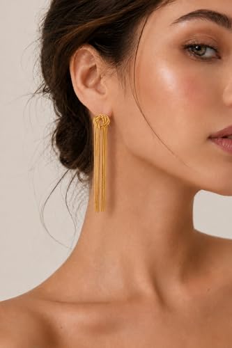 Gold Dangle Earrings for Women Trendy, 14K Gold Plated Long Chain Drop Earrings Hypoallergenic Statement Tassel Earrings Elegant Wedding Prom Fashion Jewelry for Women - color: Gold