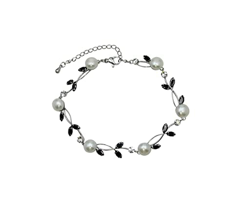 Faship Genuine Freshwater Pearls Floral Necklace Earrings Set | Premium CZ Crystal, Gorgeous, Sparkling - color: Black / Matching Bracelet