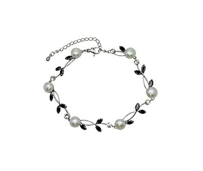 Faship Genuine Freshwater Pearls Floral Necklace Earrings Set | Premium CZ Crystal, Gorgeous, Sparkling - color: Black / Matching Bracelet