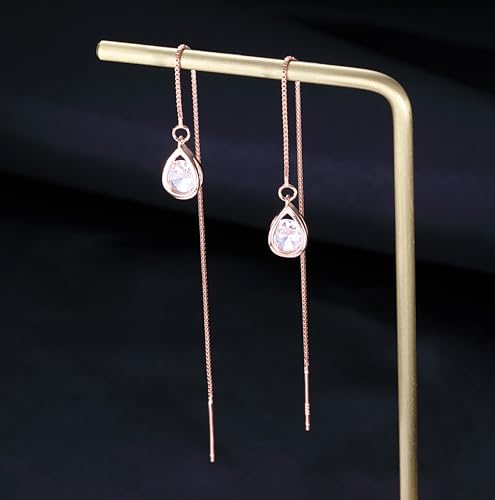 Reffeer Solid 925 Sterling Silver CZ Droplet Chain Dangle Earrings for Women Teen Girls Tassel Dangle Earrings Threader - color: C-Rose Color