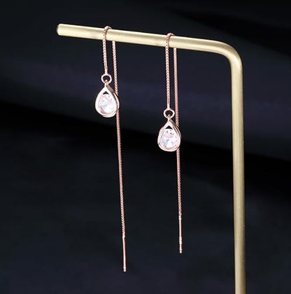 Reffeer Solid 925 Sterling Silver CZ Droplet Chain Dangle Earrings for Women Teen Girls Tassel Dangle Earrings Threader - color: C-Rose Color