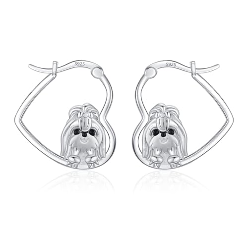 LES OSEWA Dog Animal Earrings Sterling Silver Animal Heart Hoop Dangle Earrings Cute Jewelry Gifts for Women - color: Shih Tzu