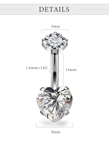 Long Belly Button Rings Surgical Steel Belly Button Ring 14mm Navel Rings for Women 14G Long Bar Navel Piercing Jewelry Heart Crystal - color: 1pc,14g,14mm bar