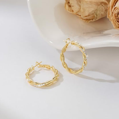 ENROSE Gold Hoop Earrings 14K Gold Earring for Women | Twisted Gold Hoop Earrings Minimalist Diamond Earring Jewelry 29mm*4mm - style: C-GD