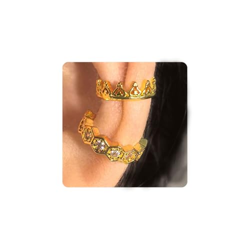2 Pairs Ear Cuff Earrings for Women 14K Gold Plated Non Tarnish Gold Ear Cuffs Set Cute Fake Piercings Earings Rhinestones Clip On Earrings Wraps Jewelry - color: Gold-1