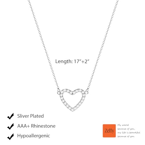 Zeffy Dainty Gold Heart Necklace for Women Trendy 14K Gold/Silver Plate Cute Heart Pendant Choker Necklaces Gold Love Heart Chain Necklace for Women Dainty Gold Jewelry Gifts for Women - style: CZ Open Heart Necklace-Silver
