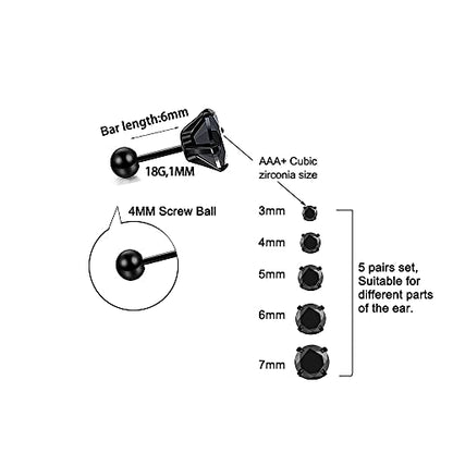 Stud Earrings Set 316L Stainless Steel Hypoallergenic Earrings for Women Men Earrings 3-7mm Cubic Zirconia Earrings Tragus Cartilage Helix Lobel Ear Studs 20G,Pack of 5 Pairs - color: C03:5Pairs(BLACK)